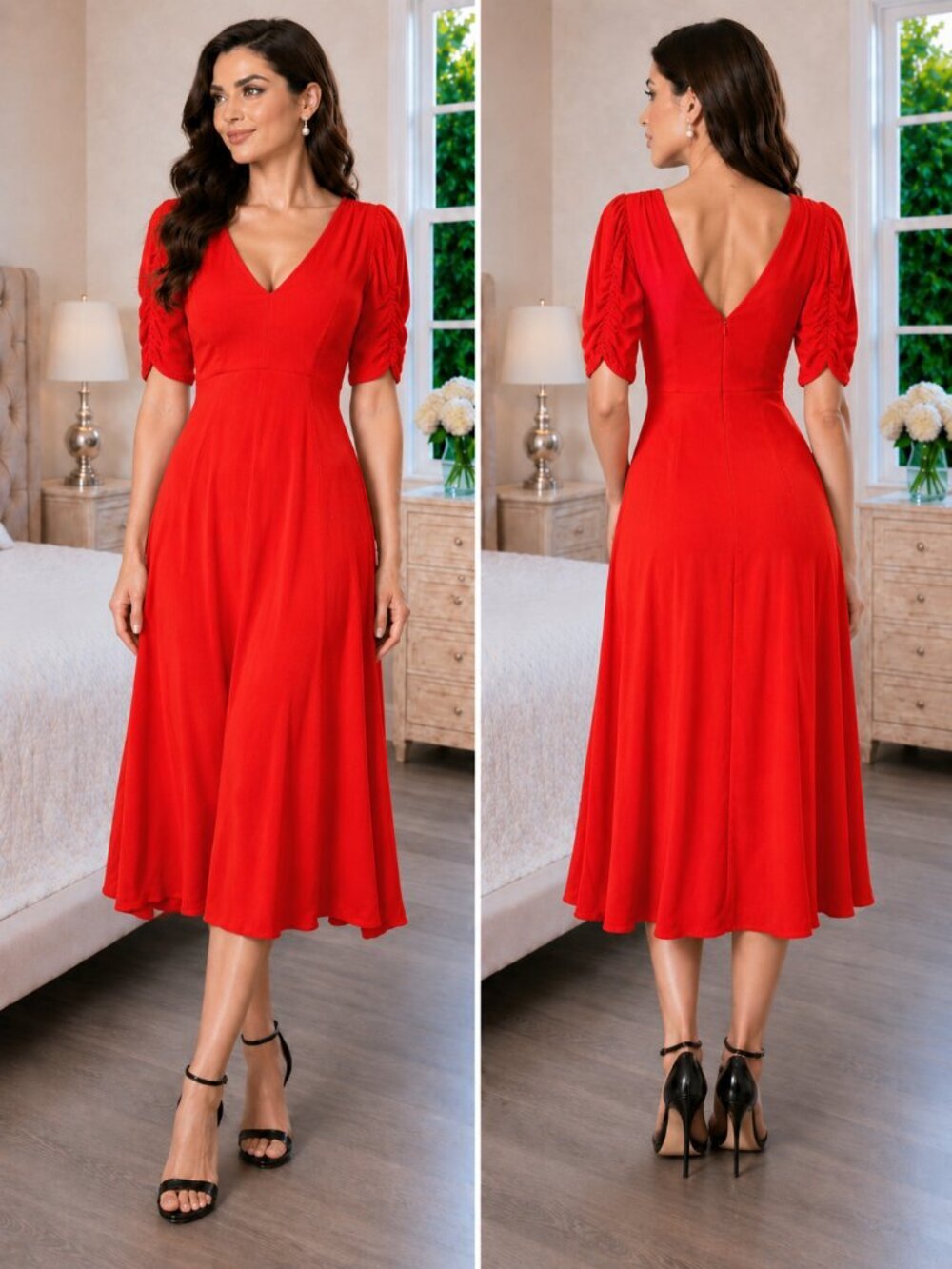 Nicholas Red Gathered Sleeve Midi Dress $698